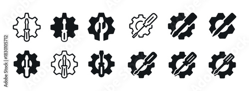 Black and white gear and tool icons for repair and maintenance