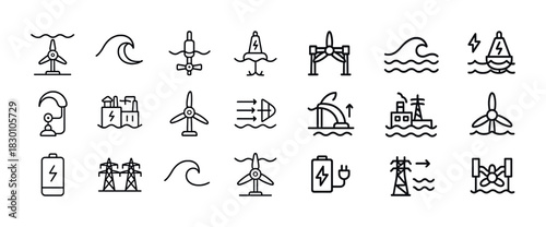 Renewable energy icons set: wind, wave, battery, power generation, turbines