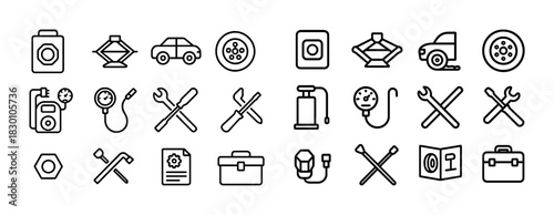 Automotive tools and components line icons set for car maintenance