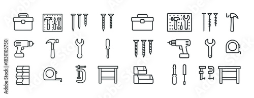 Line icons of tools and equipment including drill, hammer, wrench, and screws