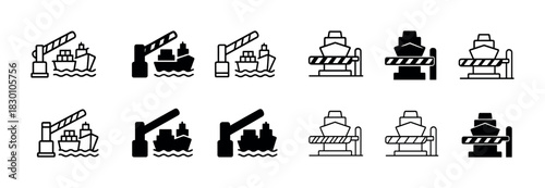Set of harbor crane and ship icons in black and white