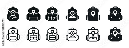 Set of backpack and map icons with location pins in simple black design