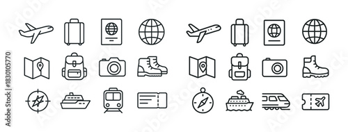 Travel icon set: airplane, luggage, passport, map, camera, compass, boat, train