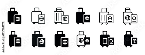 Travel icons: luggage and passport symbols in black and white