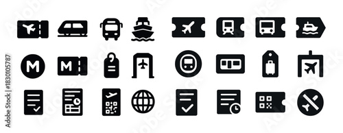 Transportation icons collection: airplane, train, bus, ship, tickets, and travel symbols