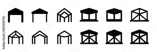 Set of geometric building icons with varied roof designs