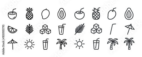 Hand-drawn tropical icons: pineapple, coconut, lemon, and more with palm leaves and sun elements