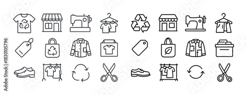 Sustainable fashion icons set: recycling, sewing, eco-friendly clothing and accessories