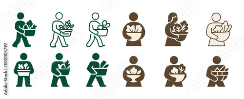 Diverse icons of individuals carrying vegetable baskets