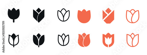 Minimalist tulip icons in black and orange set of twelve floral designs