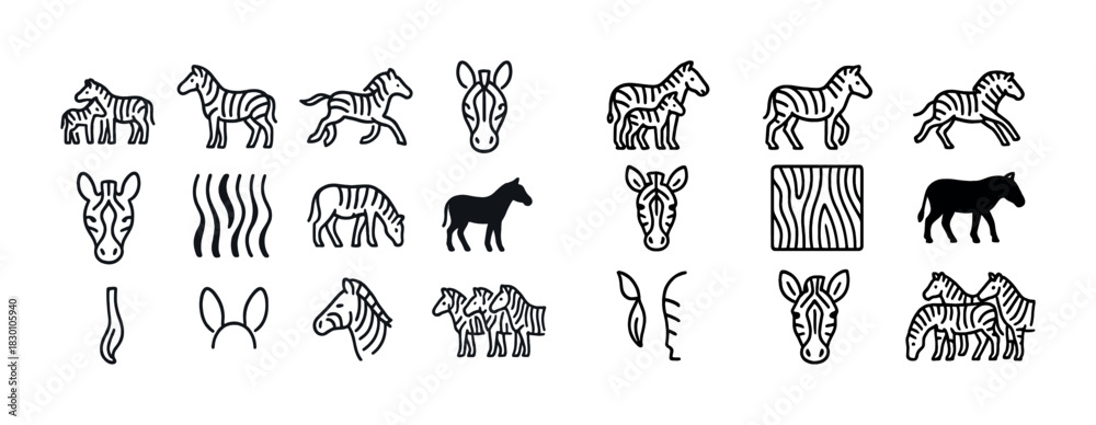 Obraz premium Set of stylized zebra outlines and patterns in black and white