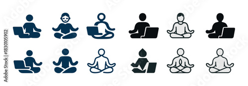 Yoga and meditation icons featuring laptops and meditative poses
