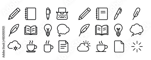 Creative icons collection: pencils, books, and coffee cup symbols