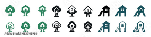 Variety of treehouse and playground icons in multiple styles and colors