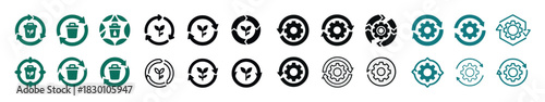 Ecological and technical symbols in recycle and gear icons