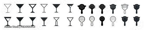Silhouette icons of cocktail glasses and kitchen tools in black and white