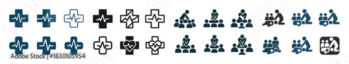 Medical and family care icons: heartbeat, parenting, and childcare symbols