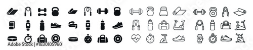 Set of fitness icons featuring gym equipment and exercise accessories