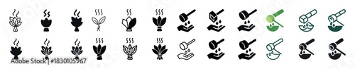Herbal icons: leaves, mortars, pestles, hands, droplets in various styles