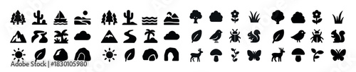 Natural icon set featuring mountains, trees, animals, and plants