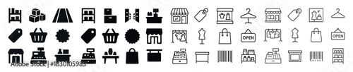 Retail icons set: shopping, clothing, sales, and store elements