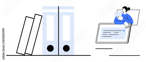 Document management concept. A pair of file folders alongside a digital interface indicates document organization. Document handling, remote work solutions, and productivity management. For cloud