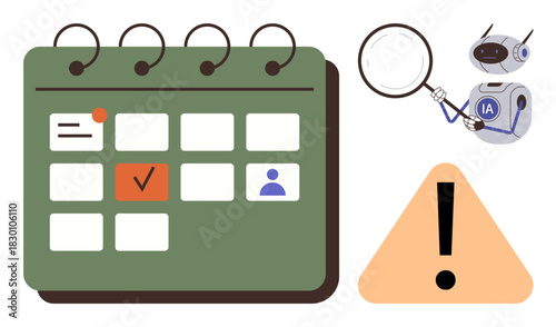 Calendar interface with AI robot inspecting through magnifying glass, accompanied by exclamation warning. Ideal for scheduling, organization, automation, task management, reminders, productivity