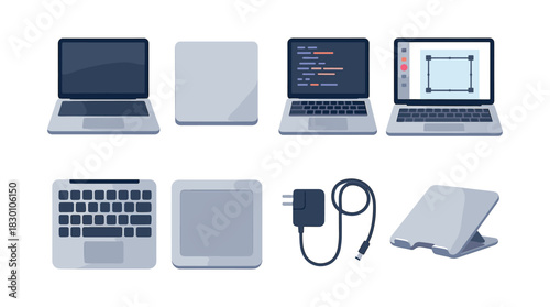 Laptop and accessories, flat vector illustration, computer, notebook, gadget design