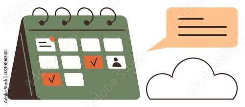 Desk calendar highlights events with checkmarks and profile icon alongside a speech bubble and cloud. Ideal for planning, teamwork, deadlines, reminders, task management, communication, simple flat