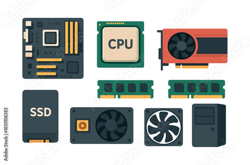 Computer components vector illustration, motherboard, cpu, gpu, flat vector style