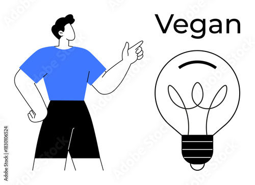 Person gesturing beside lightbulb with plant-shaped filament under vegan text. Ideal for sustainability, innovation, health, eco-lifestyle, green energy, plant-based ideas, simple flat metaphor