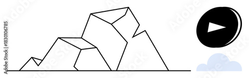 Geometric mountain structure with bold lines, circular play button, and minimal cloud accent. Ideal for media, creativity, exploration, progress, innovation simplicity storytelling. Simple flat