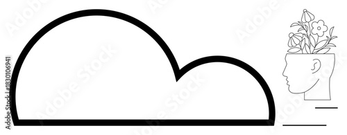 Cloud shape paired with a head sprouting flowers symbolizing thoughts, creativity, and growth. Ideal for innovation, mindfulness, mental health, imagination, education, sustainability