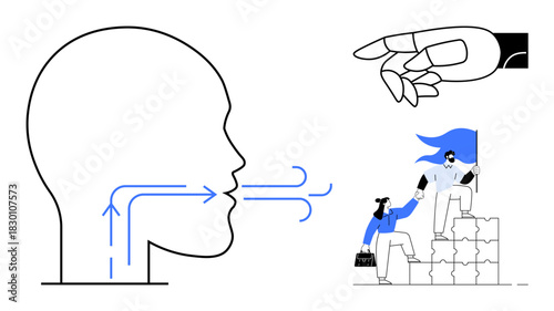 Head profile with speech arrows, hand pointing, leaders helping climb blocks. Ideal for communication, leadership, teamwork, motivation, guidance collaboration decision-making. Simple flat metaphor
