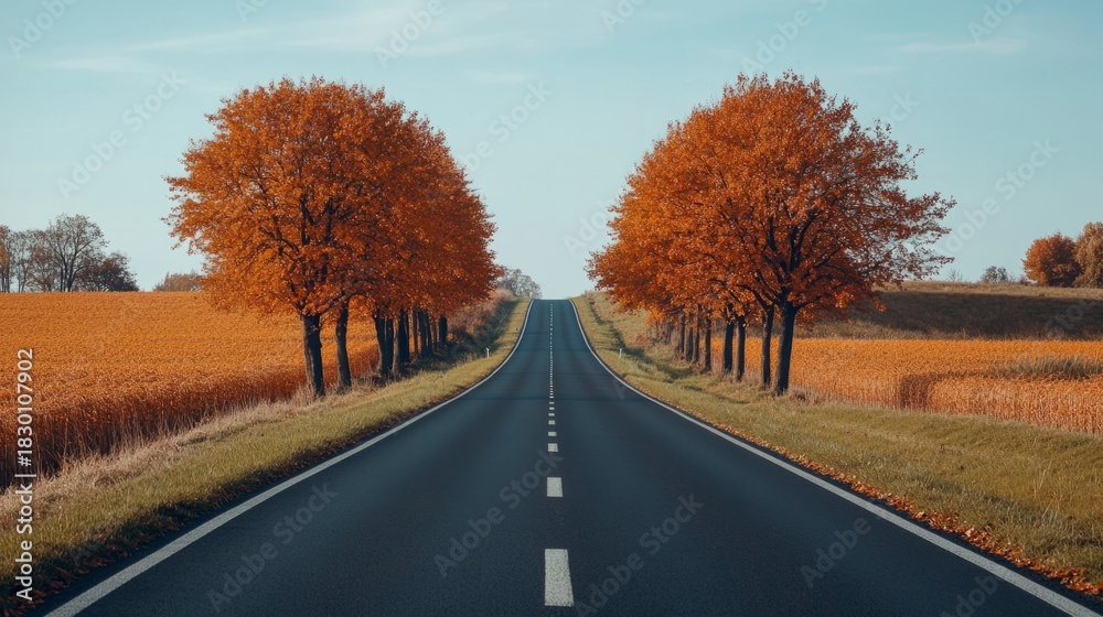 Fototapeta premium road surrounded by orange trees, autumn concept generative ai