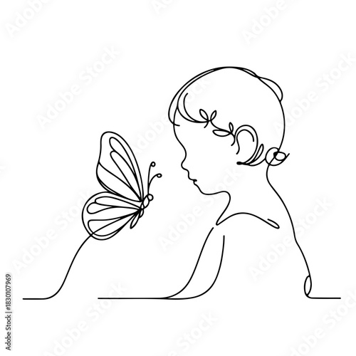 Little girl with butterfly single line illustration