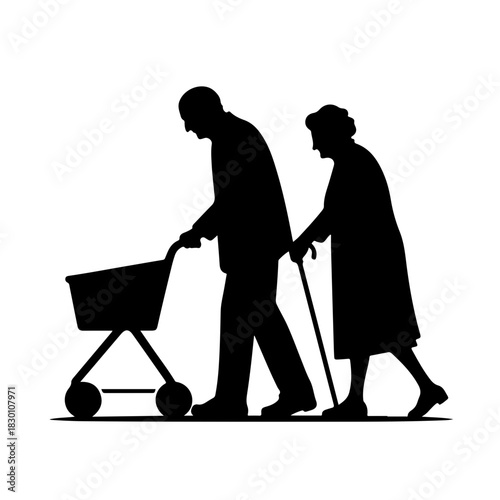 Elderly couple walking with cart logo style