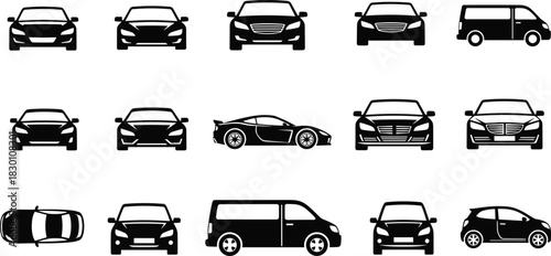 Set of Car and Vehicle Silhouette Icons Showing Front View of Sedan, Sports Car, Minivan, Hatchback, and Automobile Transportation Vector Graphics