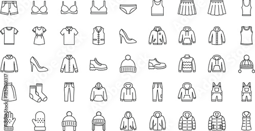 Large Set of Clothing and Apparel Line Icons Including Winter Wear, Casual Clothes, Footwear, Underwear, Coats, Skirts, and Accessories for Fashion Store