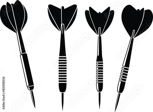 Set of Dart Silhouettes Showing Various Styles of Darts Used for Pub Games, Sports, Target Practice, Accuracy, and Throwing Competition