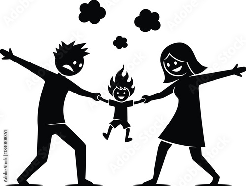 Divorce and Child Custody Battle Silhouette Showing Arguing Parents Fighting Over Burning Child, Representing Family Conflict and Relationship Problem