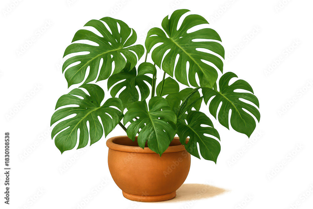 Obraz premium Lush green Monstera plant in a terracotta pot, isolated on transparent background