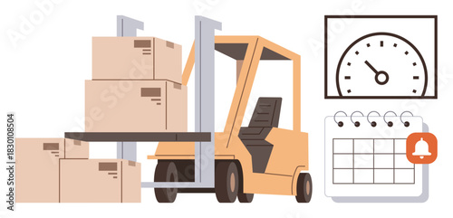 Forklift carrying stacked boxes, speedometer and calendar icon symbolize deadlines, efficiency, and organization. Ideal for logistics, supply chain, delivery, productivity, time warehouse