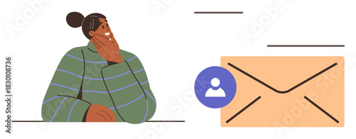 Woman resting her hand on face thoughtfully next to a large envelope with a user profile icon. Ideal for communication, messaging, decision-making, introspection, digital tools, email marketing