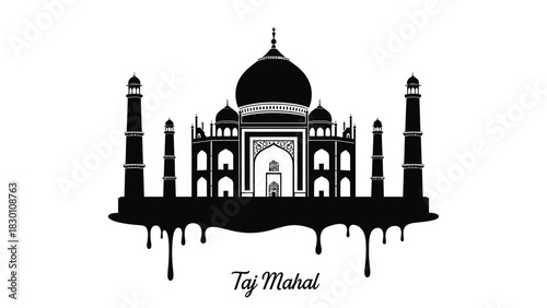 Taj Mahal Dripping Silhouette Vector Illustration. India Landmark Monochrome Graffiti Art Style.