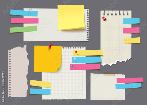 Collection of colorful paper notes and memo sheets with pins, tape, and paper clips. Realistic stationery elements for planners, reminders, and office design on gray background. Set