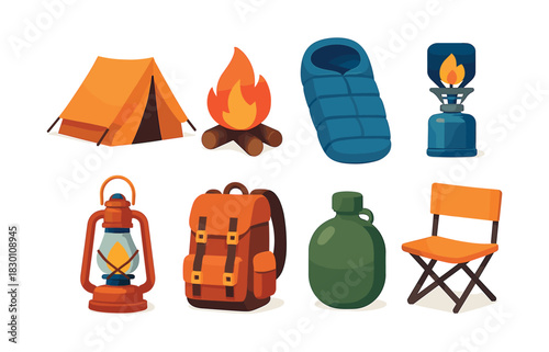 Camping gear icons, flat vector illustration of equipment, hiking, adventure essentials