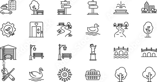 Set of City Park and Urban Amenity Line Icons Including Bench, Fountain, Signpost, Garage, Tree, Bridge, Wildlife, and Maintenance Service Symbols
