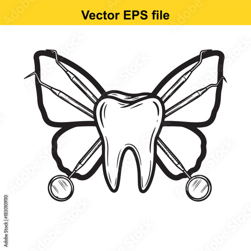 Creative black and white vector illustration of a molar tooth shaped like a butterfly with dental tools, isolated on white background