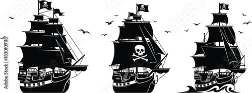 Set of Pirate Ship Silhouette Illustrations Showing Tall Sailing Vessels, Skull and Crossbones Flag, Jolly Roger, Sea Waves, and Adventure Graphic